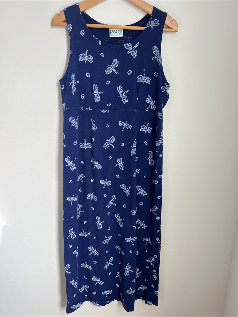 fresh produce | Vintage 100% Cotton Navy Blue Dragonfly Maxi Dress Size M